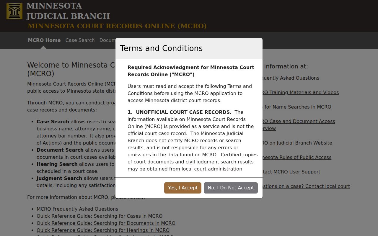 Oakdale resident lookup using Minnesota Court Records Online search tabs