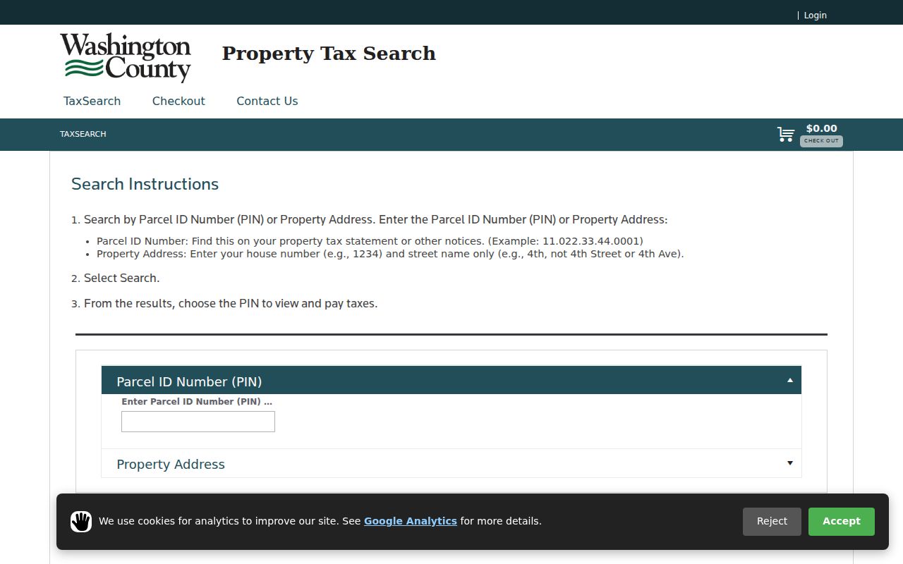 Oakdale street directory property search with Washington County PIN and property address fields