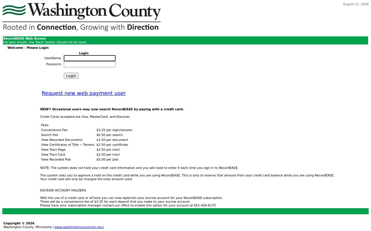 Oakdale previous residents research using the Washington County RecordEASE access screen